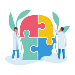 Mental health. Treatment of mental health. The head consists of pieces of puzzles. The specialist is working with the patient. Psychological therapy. Vector illustration flat design.