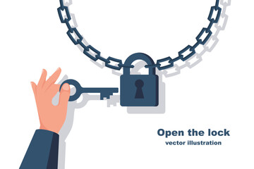 Open padlock. Person holds key to the hand. Chains for castle as a symbol of protection and safety. Vector illustration flat design. Symbol of protection. Free from custody. Open access to a template.