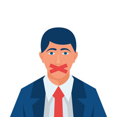 Silence concept. A businessman with a sealed mouth. The lips are sealed with tape. Violation of an individual's rights. No comment. Mouth on lock. Vector illustration flat design. Silent boycott.
