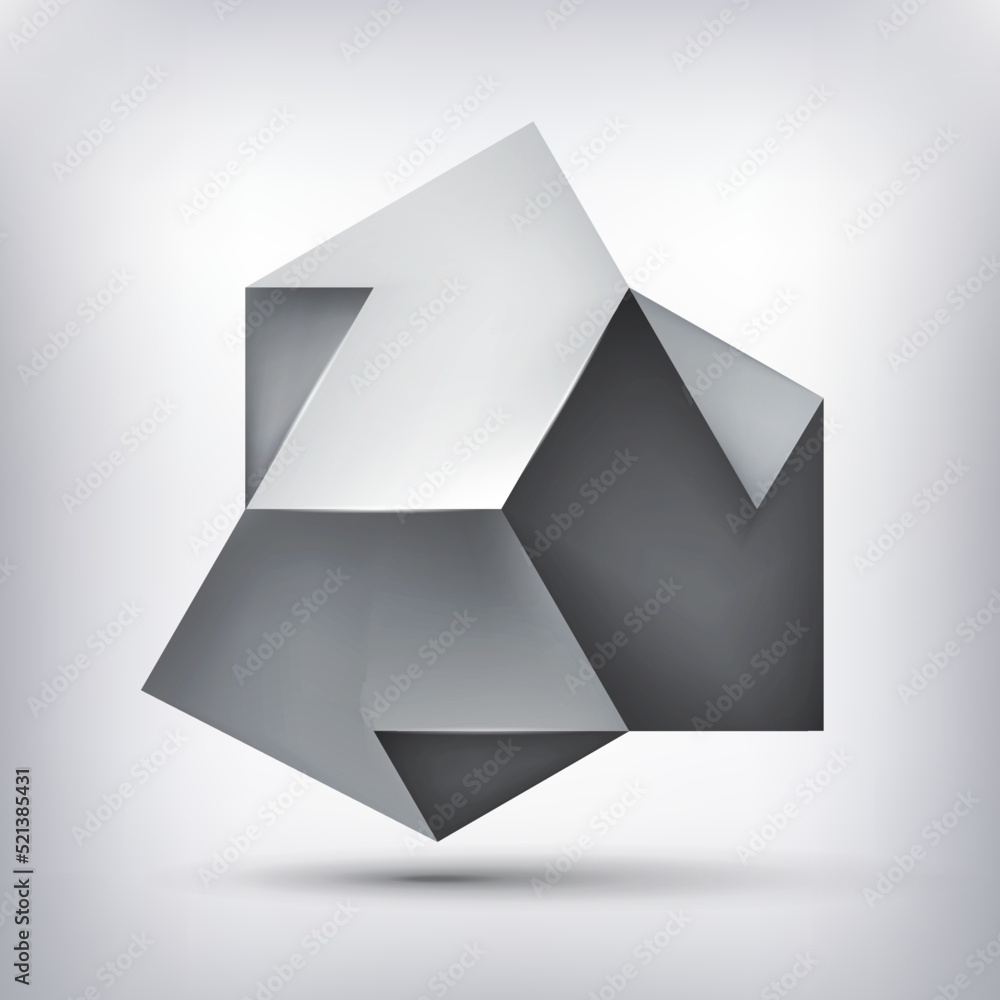 Poster volume polyhedron gray crystal. 3d low polygon geometry. impossible shape, unreal 3 arrows. abstract