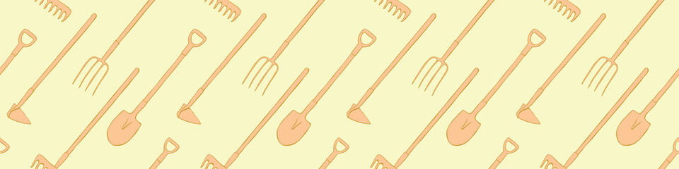 Seamless pattern with garden equipments: shovels, spades, rakes, hoes, pitchforks. Vector backgrounds and textures with tools for working on the farm, in dacha, country site in flat doodle style