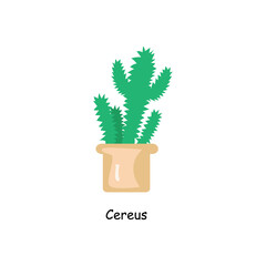 Cute cactus in a pot. Home plant. Room green cactus. Cactus of the genus Cereus. Vector cartoon isolated on white background,flat style. 