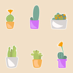 Vector set of cacti. Cactus stickers.Room cactus in flat style. Cute green cactus in flower pots. Beautiful cacti, great design for any purpose. Flat illustration with white isolated background.