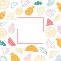 Summer time concept with lemons, watermelons, pineapples and fir leaves line art icons with square frame and space for your message.