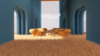 Room interior with wall background on meadow. 3D rendering ,3D illustration