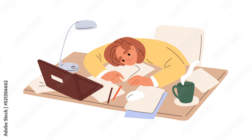 Aufkleber tired employee at office work. bored overworked person at computer desk, workplace. burnout concept.