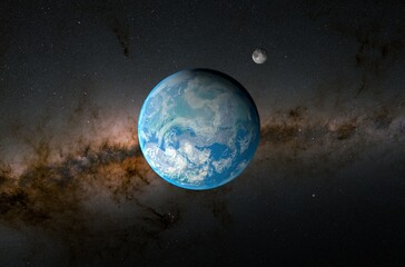 Earth planet with moon in the solar system - 3d illustration, closeup view