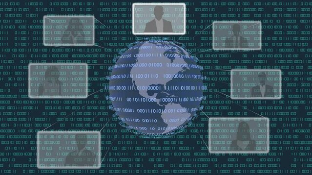 Filmato. Illustrazione 3D. Sfondo mondo digitale. Sequenza di zero e uno concetto di connessione globale tra persone, social network, e dispositivi informatici.