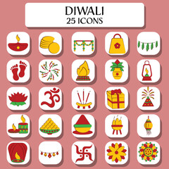 Fototapeta na wymiar Illustration Of Beautiful Diwali -25 Icon Set In Pink Background.