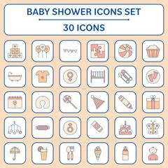 Orange And Red Color Set Of Baby Shower Icons In Square Background.