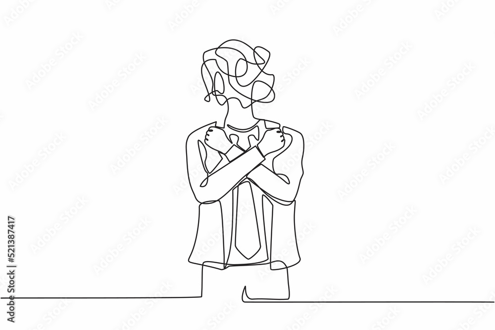 Poster single one line drawing businessman with round scribbles instead of head. male manager with fists cl