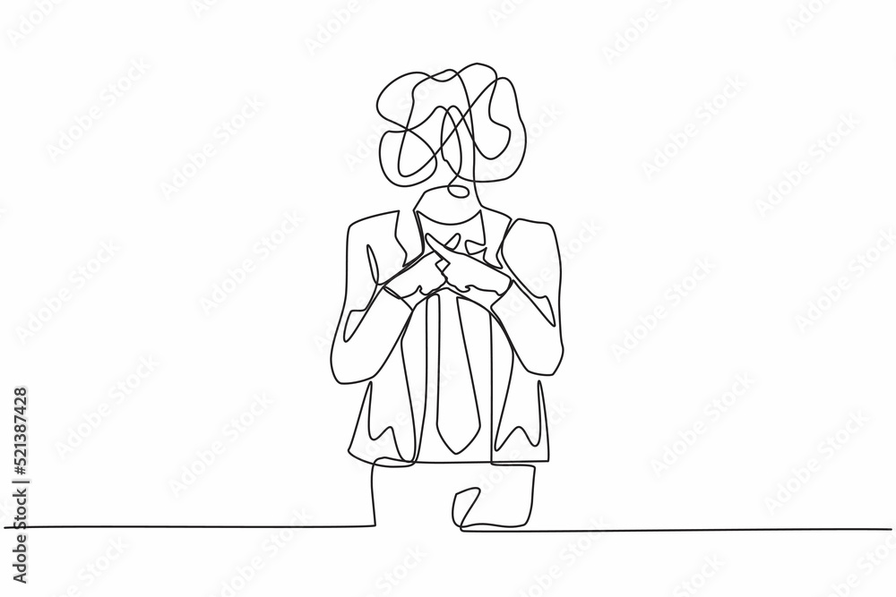 Poster single one line drawing businessman with round scribbles instead of a head. man hand making sign cro