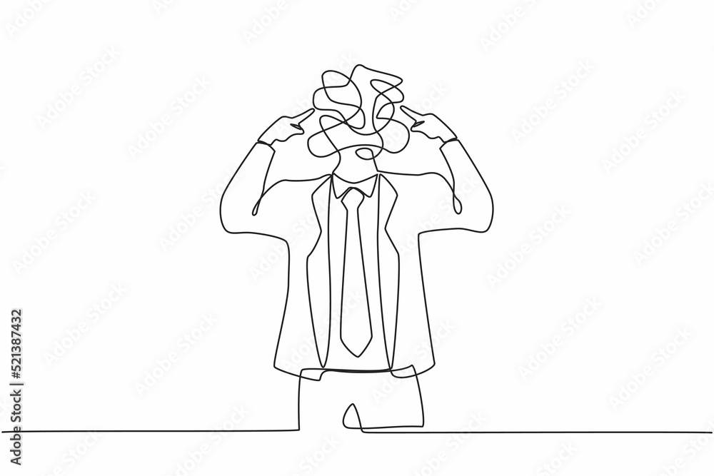 Poster continuous one line drawing businessman with round scribbles instead of a head. office worker coveri