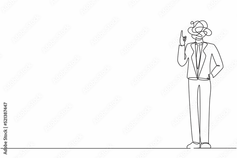 Poster single one line drawing businessman with round scribbles instead of a head. male manager pointing fi