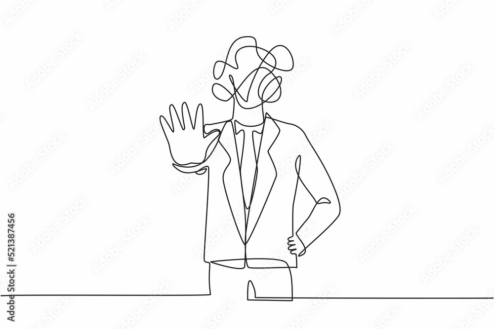 Poster single one line drawing businessman with round scribbles instead of a head. man making stop gesture 