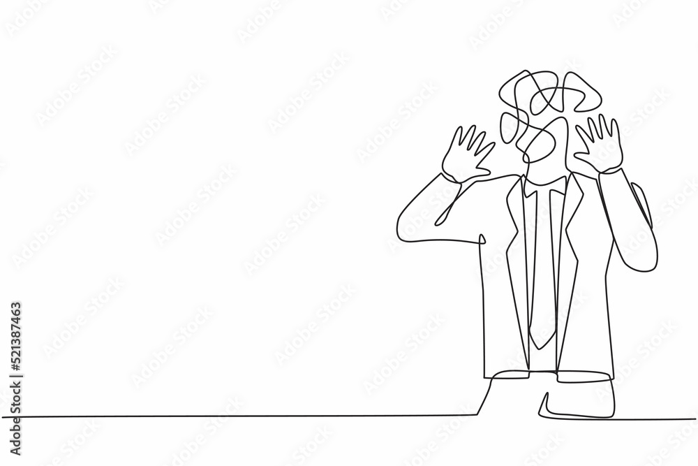 Poster continuous one line drawing businessman with round scribbles instead of a head. man shocked, afraid,