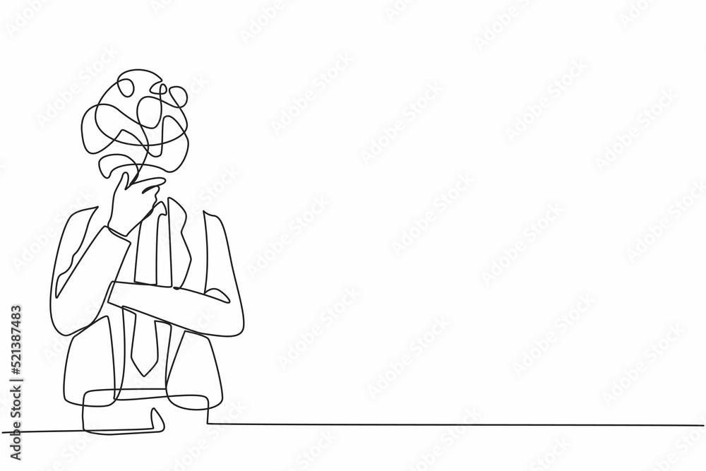 Poster single continuous line drawing businessman with round scribbles instead of head. male manager in for