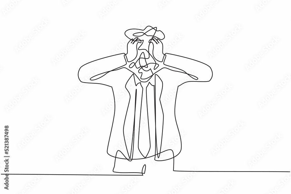 Poster single one line drawing businessman with round scribbles instead of a head. confusion and mess feeli