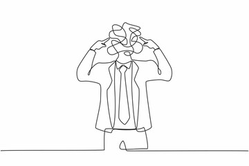 Continuous one line drawing businessman with round scribbles instead of a head. Office worker covering his ears with fingers. Person closing ear for loud noise. Single line draw design vector graphic