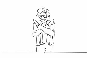Single continuous line drawing businessman with round scribbles instead of a head. Office worker, making no hand sign or x symbol, crossing hands, rejection, displeased. One line graphic design vector