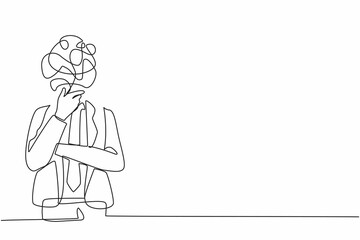 Single continuous line drawing businessman with round scribbles instead of head. Male manager in formal suit standing in thoughtful pose holding his chin thinking. One line draw graphic design vector