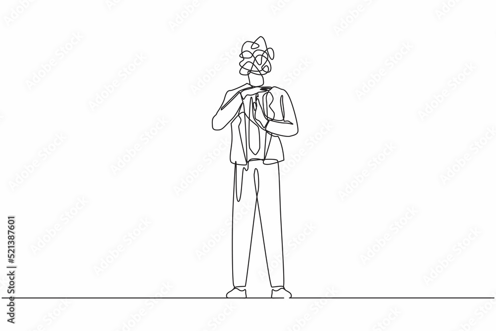 Poster continuous one line drawing businessman with round scribbles instead of head. stop working, time bre