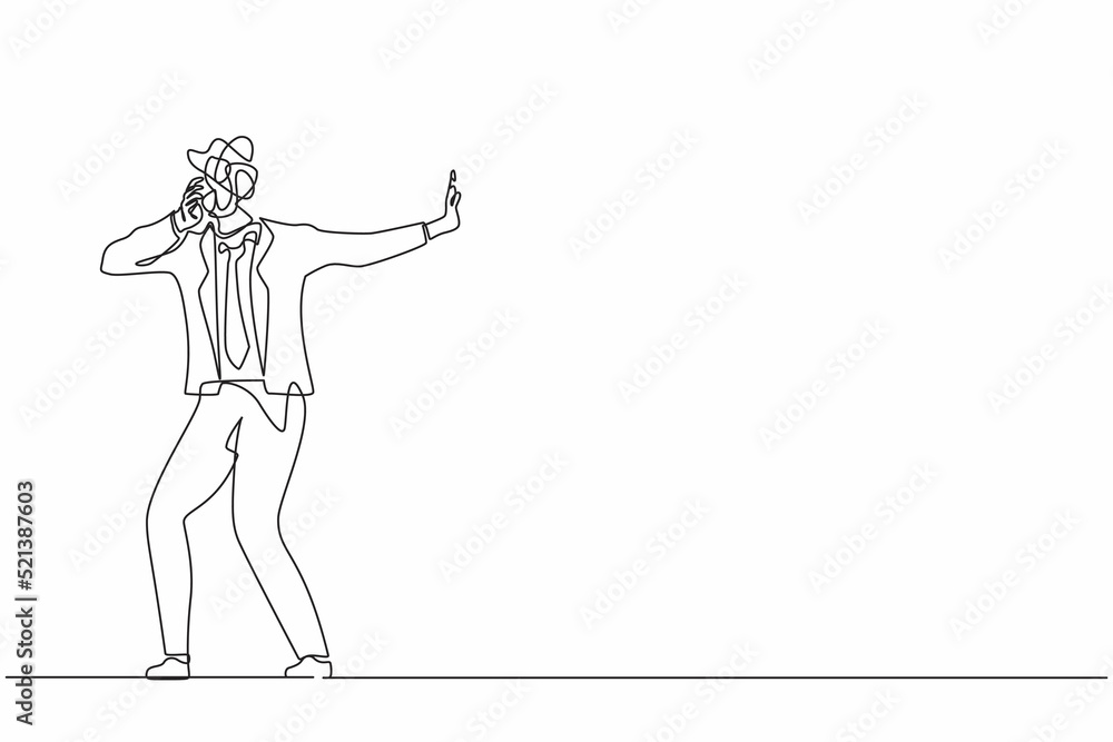 Poster single one line drawing businessman with round scribbles instead of head. man stop gesture, male man
