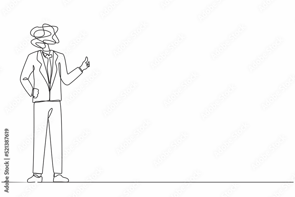 Poster continuous one line drawing businessman with round scribbles instead of a head. male manager dressed