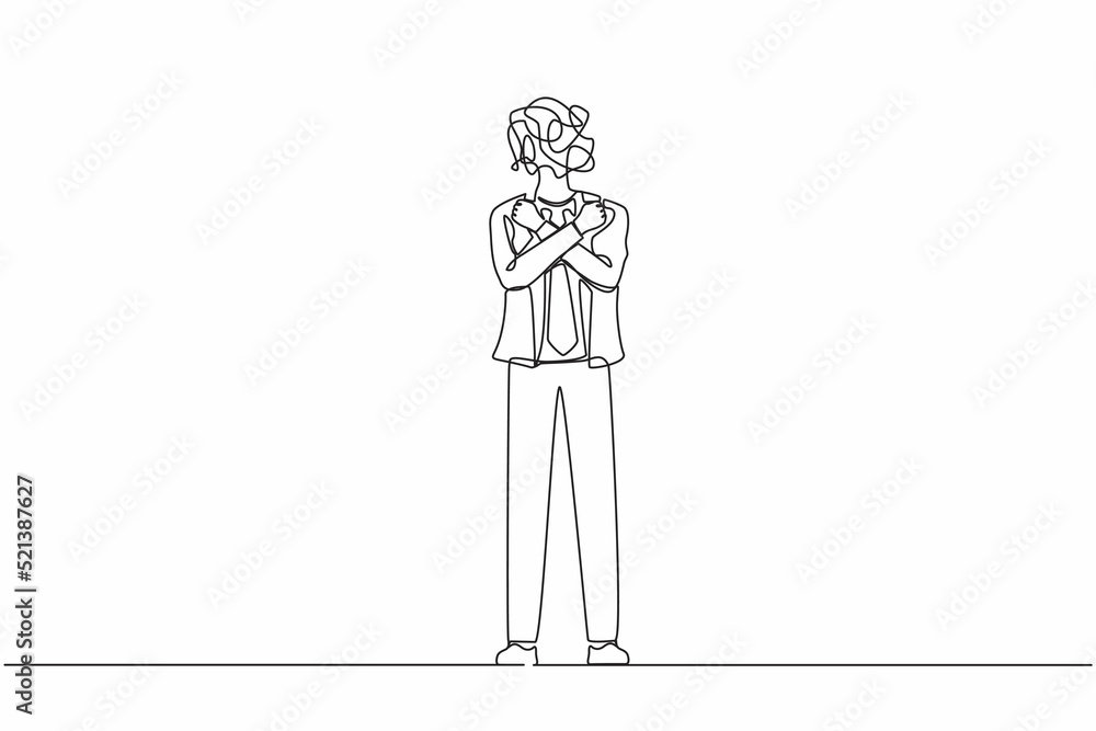 Poster continuous one line drawing businessman with round scribbles instead of head. young manager man with