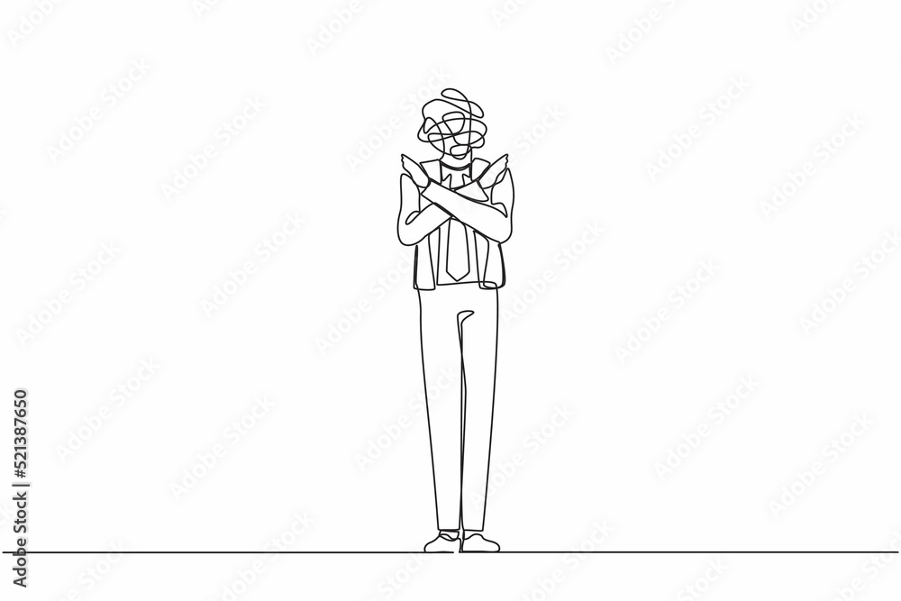Poster continuous one line drawing businessman with round scribbles instead of a head. man with crossed arm