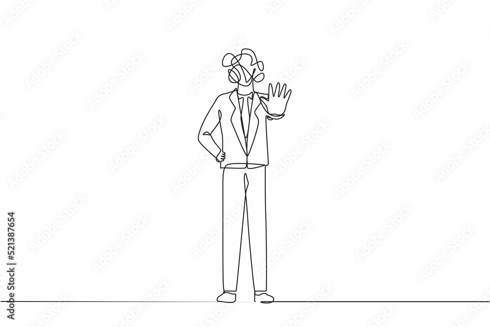 Poster continuous one line drawing businessman with round scribbles instead of head. angry business man or 