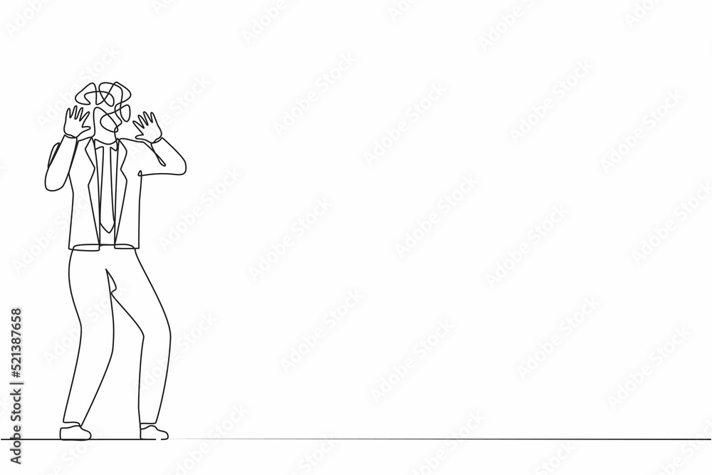 Poster single one line drawing businessman with round scribbles instead of head. man shocked. stop gesture 