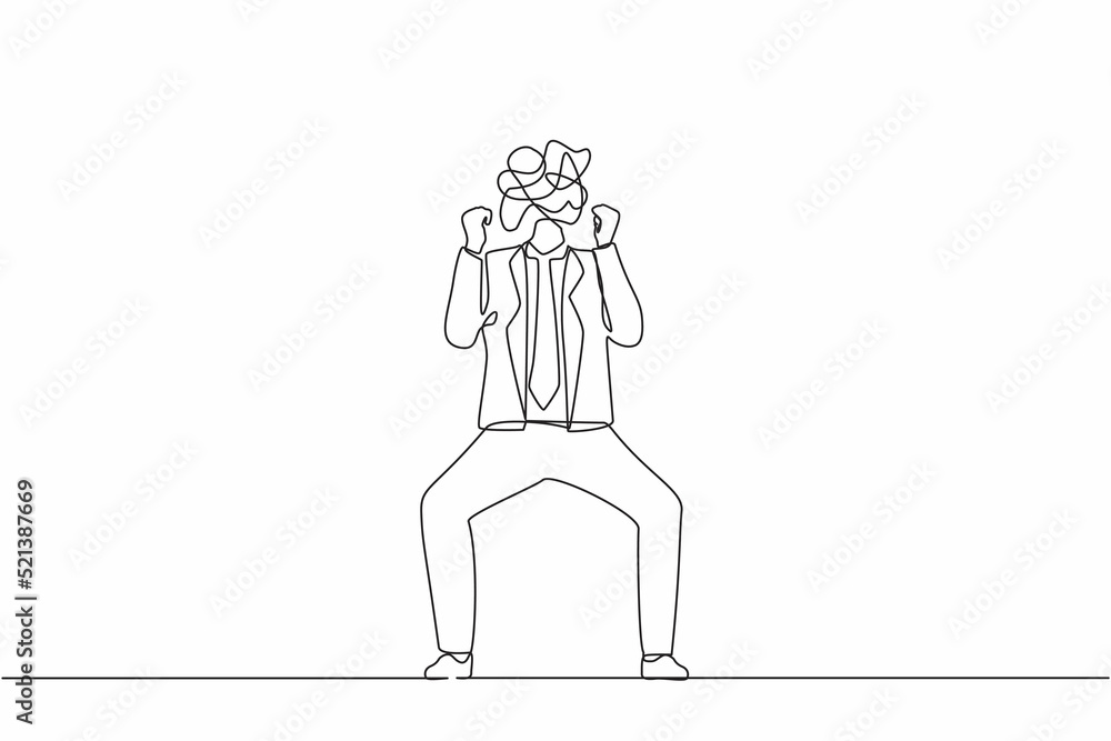Poster single one line drawing businessman with round scribbles instead of head. angry man raised fist gest