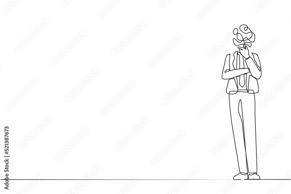 Poster single continuous line drawing businessman with round scribbles instead of a head. male manager stan