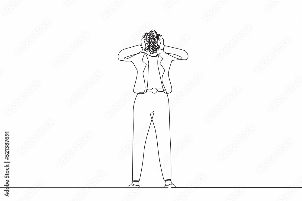 Poster single continuous line drawing businesswoman with round scribbles instead of head. confused thoughtf