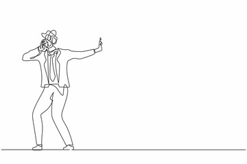 Single one line drawing businessman with round scribbles instead of head. Man stop gesture, male manager covering eyes with hand. Embarrassed, negative emotion pose. Continuous line draw design vector