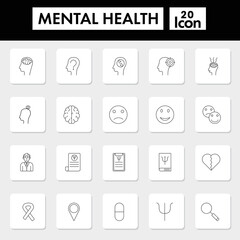 Black Thin Line Art Of Mental Health Square Icon Set.