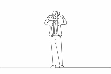 Single continuous line drawing businessman with round scribbles instead of a head. Male manager covering his ears with fingers. Person closing or plugging for loud noise. One line draw design vector