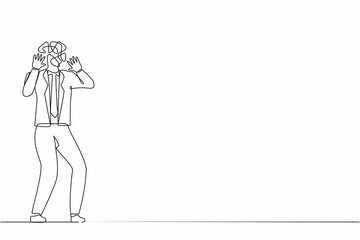 Fototapeta na wymiar Single one line drawing businessman with round scribbles instead of head. Man shocked. Stop gesture with palm hands, shouting. Human emotions, expressions. Continuous line draw design graphic vector