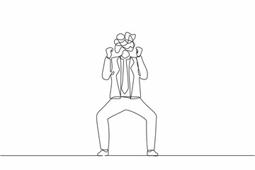 Single one line drawing businessman with round scribbles instead of head. Angry man raised fist gesture. Expresses negative emotions, feelings, desperately. Continuous line draw design graphic vector