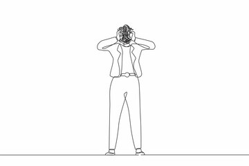 Obraz premium Single continuous line drawing businesswoman with round scribbles instead of head. Confused thoughtful pensive female asking questions searching answers, trouble solution. One line draw design vector