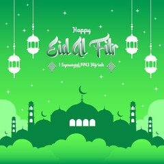 Eid al fitr illustration vector graphic with green color theme, perfect use for eid al fitr day