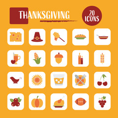 Isolated Thanksgiving -20 Icon Set In Yellow Background.