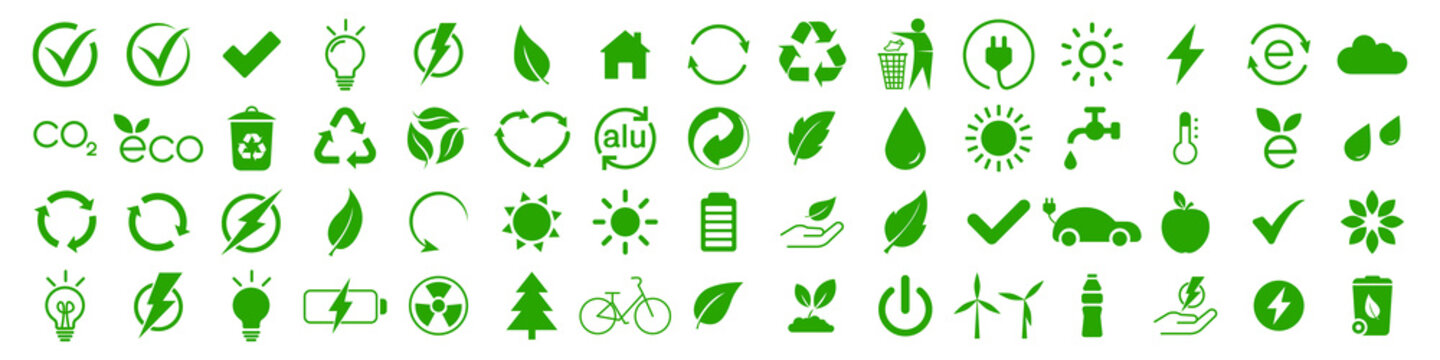 Green recycling icons vector set. Ecology icons set. Packaging ecology symbols, product label signs. Nature icon. Eco green icons. Vector EPS 10