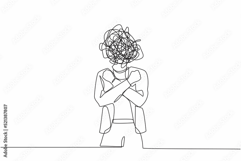 Poster continuous one line drawing businesswoman with round scribbles instead of head. female with fists cl