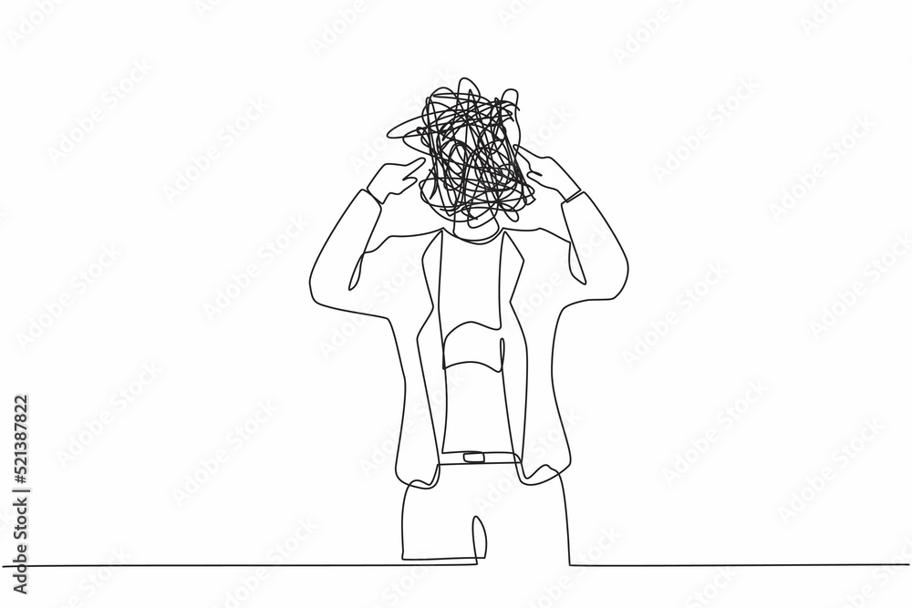 Poster single continuous line drawing businesswoman with round scribbles instead of head. office worker cov
