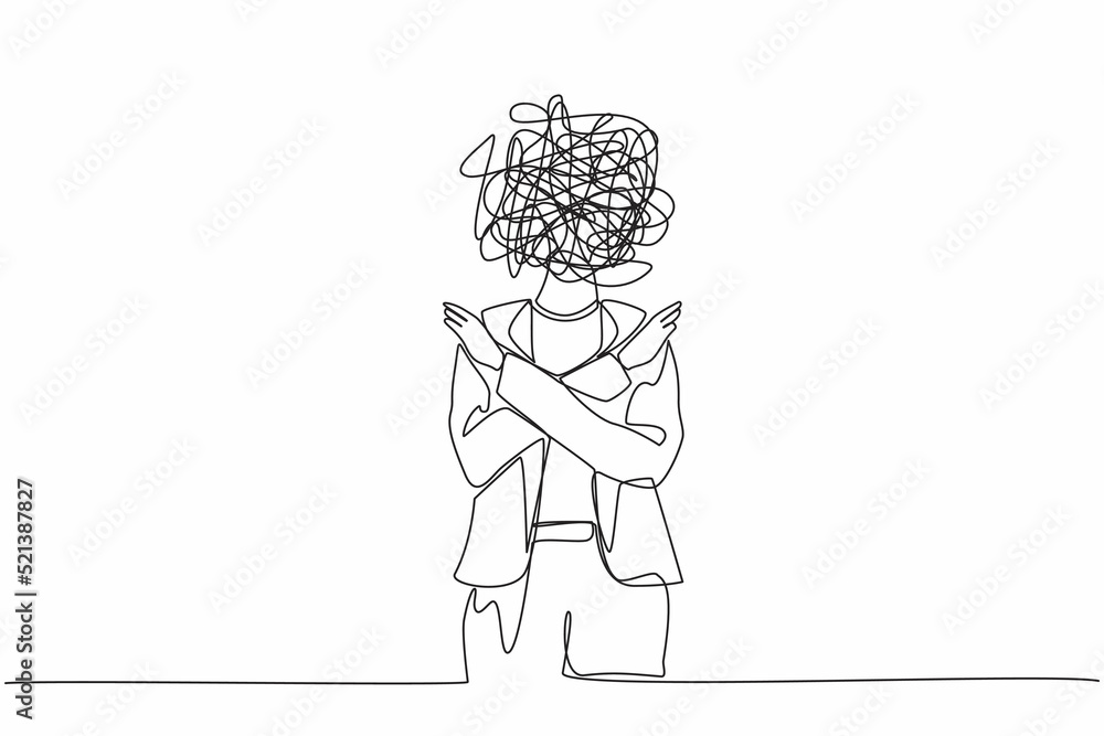Poster single continuous line drawing businesswoman with round scribbles instead of a head. office worker, 
