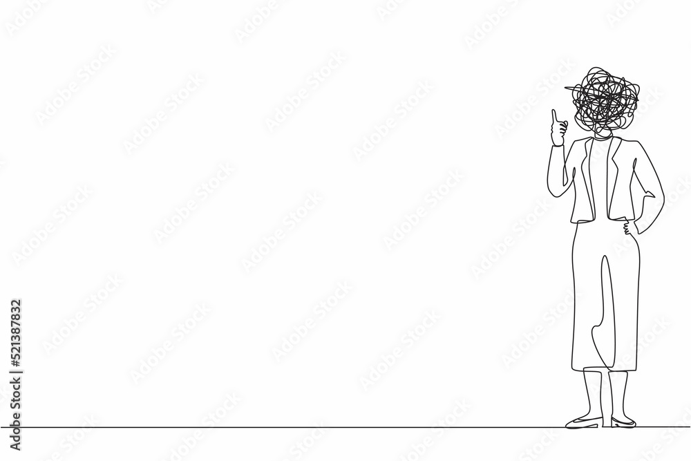 Poster single one line drawing businesswoman with round scribbles instead of head. female manager pointing 