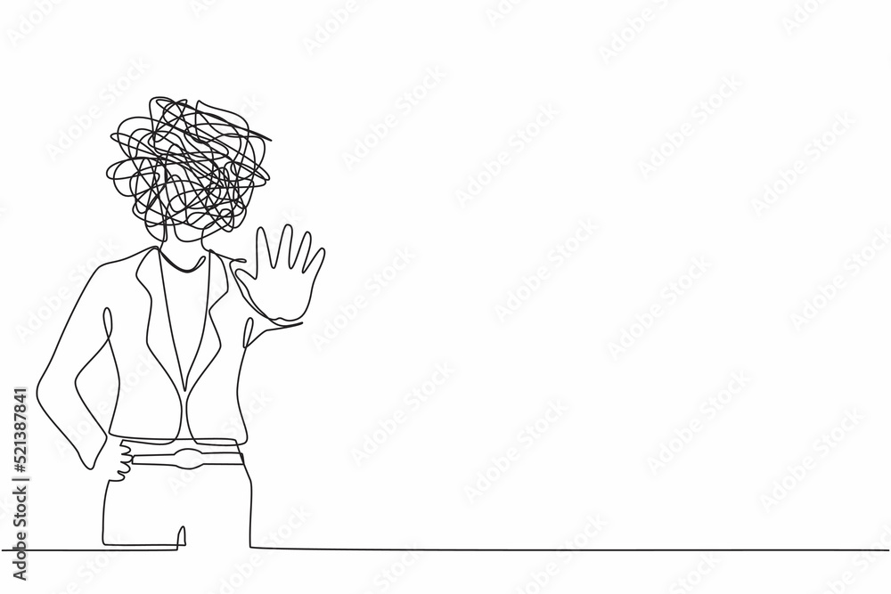 Poster continuous one line drawing businesswoman with round scribbles instead of head. woman making stop ge