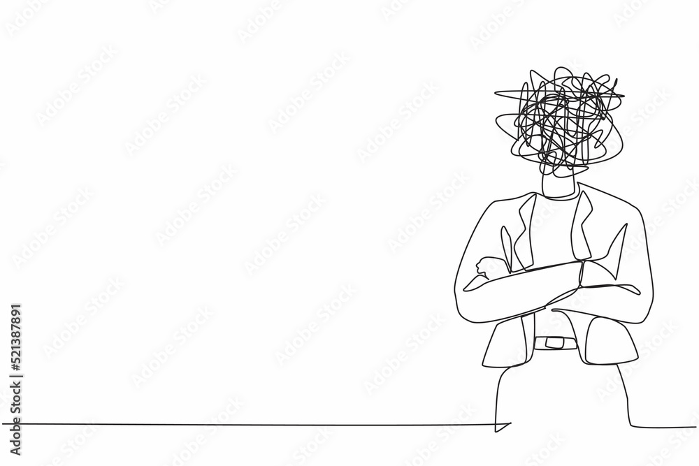 Aufkleber single one line drawing businesswoman with round scribbles instead of head. executive manager in kee